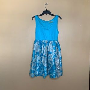 Alice + Olivia Turquoise and Silver Floral Fit-and-Flare Dress